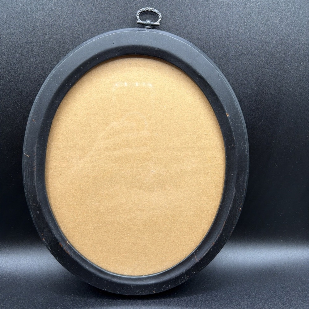 Vintage 11 X 9" Black Oval Wood Picture Frame Metal Loop Vertical Hanging